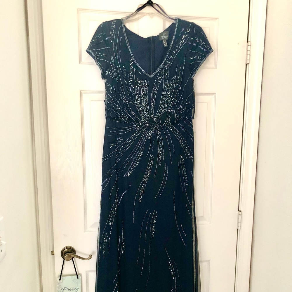 Adrianna Papell long navy blue beaded blouson dress